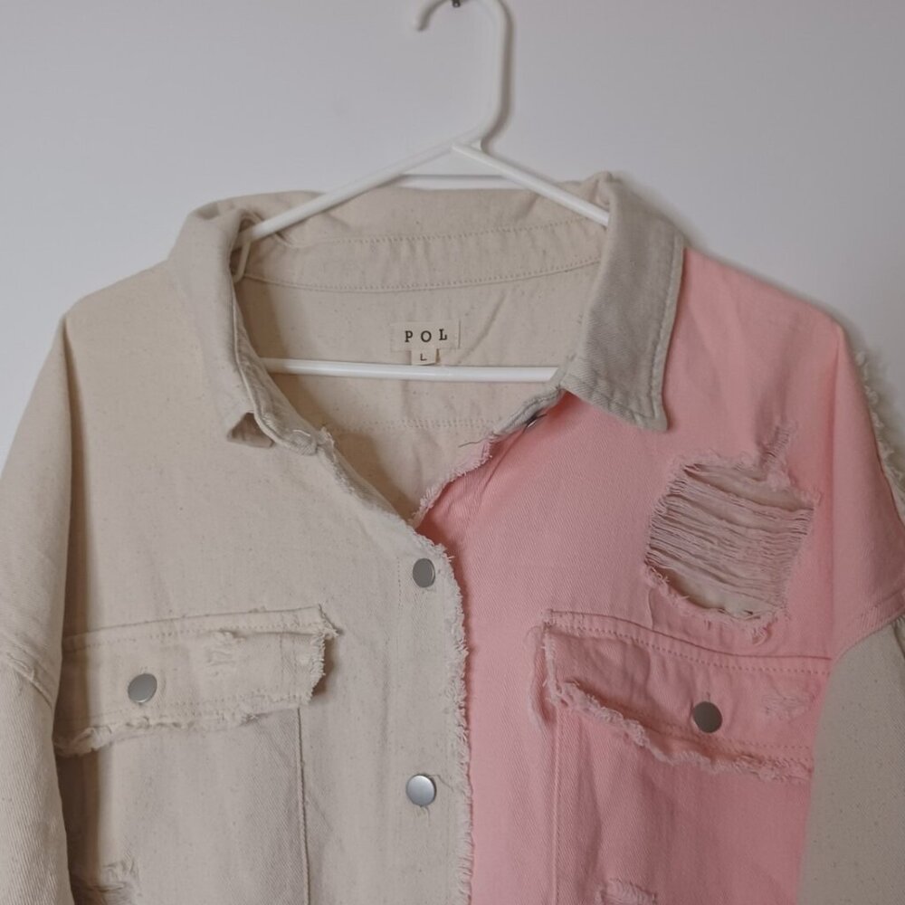 POL CLOTHING Womens Denim Distressed Large White/Pink Jacket - Picture 4 of 11